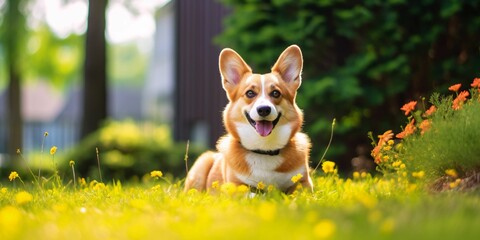 Welsh Corgi Dog on Grass Background. Portrait of Cute Dog in The Park