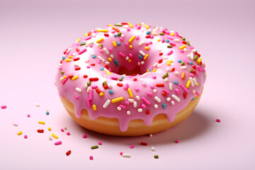 Frosted sprinkled donut on a pink background