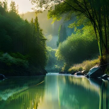 A serene pond in a bamboo forest at sunrise