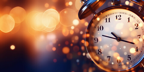 Close-up photo of a clock in a blurry bokeh background, fairytale magic atmosphere