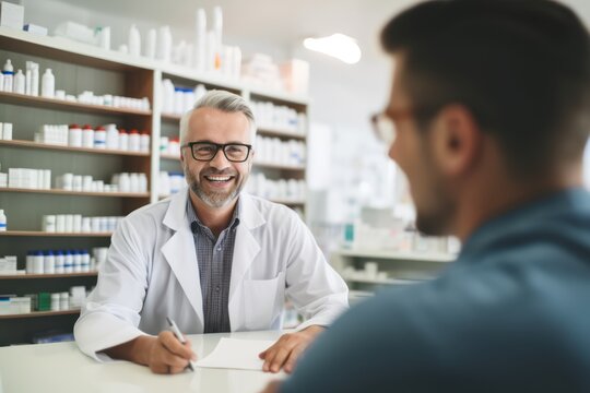 man buying medicine in pharmacist with doctor 