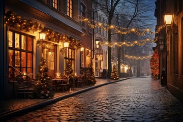 Fototapeta na wymiar Festive street with lit cobblestone and holiday lights. Generative AI