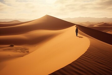 Fototapeta na wymiar Solitary figure crossing vast desert dunes. Generative AI