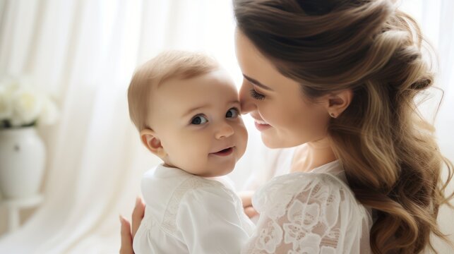 mother kissing baby white blur background 