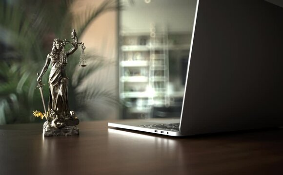 4k Video Business Law Concept - Lady Justice Statue Stars Notebook. Prores 4444