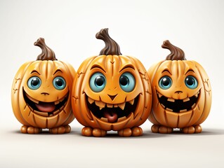3D and Cute Jack O' Lanterns with Cartoon Style. Halloween Pumpkins