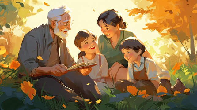 Grandparents in the Park with their Grandchildren - Illustration Powered by Generative AI
