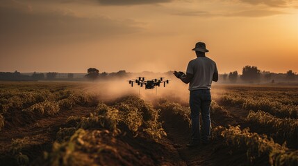 Farmer controls drone, Agriculture drone fly - obrazy, fototapety, plakaty