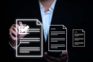 Questionnaire online with checkboxes, Businessman Take an assessment, Evaluation, Online survey online exam Choosing the right answer in the exam, Test questions. Filling out an online survey form.