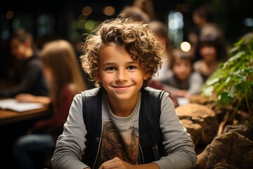 Smiling boy in elementary school class with diverse group of children - obrazy, fototapety, plakaty