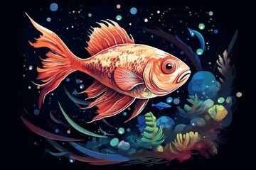 Illustration of a fish exploring space. Generative AI