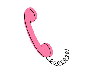 Hand drawn cute cartoon illustration of pink retro phone handset. Flat vector old telephone with dial sticker in simple colored doodle style. Call device icon or print. Isolated on white background.