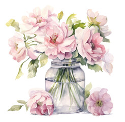Watercolor illustration of a vase with flowers. Generative AI, png image