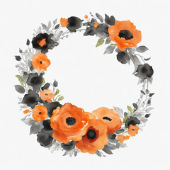 Fototapeta premium Black and orange watercolor Round shape floral frame, white background.