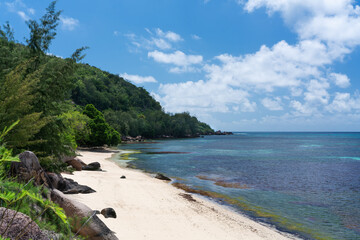 Fascinating boulders and jungle at the coast of the Seychelles islands.