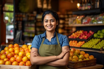 Smiling Indian female worker in a fruit shop with folded hands and looking at the camera - obrazy, fototapety, plakaty