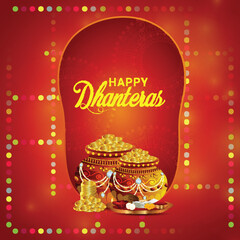 Fototapeta na wymiar Happy dhanteras celebration greeting card with vector illustration gold coin pot and garland flower