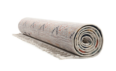 Rolled carpet on white background. Interior element