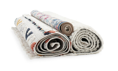 Rolled carpets on white background. Interior element