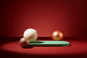 Three baubles decorated with an empty green podium against the red background. Empty space for...