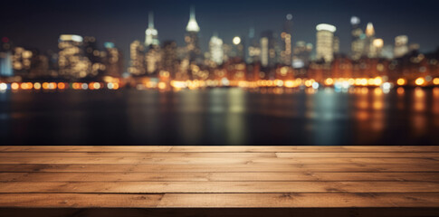 Fototapeta na wymiar Empty wood table top of coffee house or restaurant and a blurred metropolis at night with bokeh river on background. Banner mock up background for display or montage your products.