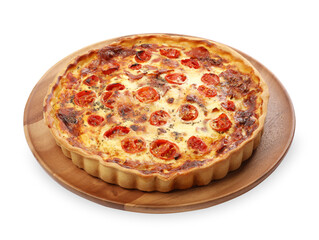 Delicious homemade quiche with prosciutto and tomatoes isolated on white