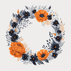 Black and orange watercolor Round shape floral frame, white background.