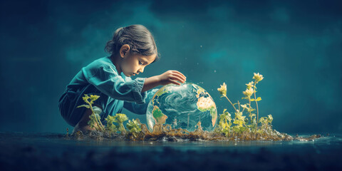 Abstract background of the little child sitting and holding planet of Earth. - obrazy, fototapety, plakaty