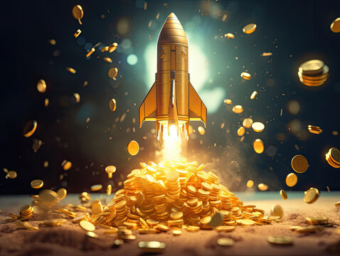 3d Model Rocket Launched From Pile Of Gold Money Coins On White Background Created With Generative AI Technology