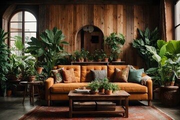 Fototapeta na wymiar rustic interior living room with sofa, wooden table and plants around, vintage design