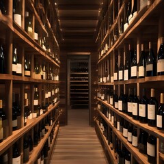 Obraz premium A wine cellar with dim lighting and rows of wine bottles in wooden racks4
