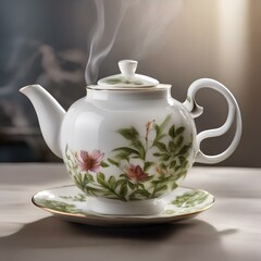 A teapot pouring a stream of herbal tea into an elegant porcelain cup3 - obrazy, fototapety, plakaty