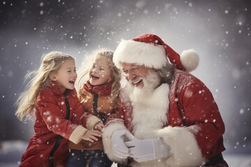 Obraz premium Santa Claus playing with children in a snowy winter background. Christmas, New year holiday concept