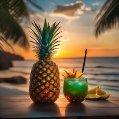 A tropical cocktail served in a pineapple with a vibrant sunset in the background3