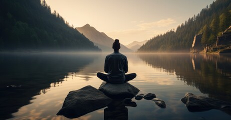 an individual in meditative solitude at dawn, discovering tranquility and inner motivation - obrazy, fototapety, plakaty