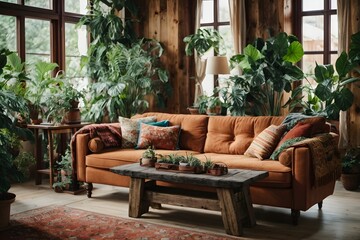 rustic interior living room with sofa, wooden table and plants around, vintage design