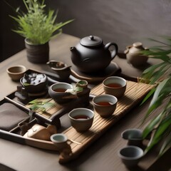 A tea ceremony with traditional Chinese tea set, cups, and a bamboo tea tray4