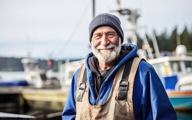 Smiling portrait of a senior male fisherman on a fishing boat dock. Generative AI - obrazy, fototapety, plakaty