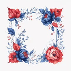 Gordijnen Blue and Red watercolor floral frame, square shape floral frame. © SOHAN-Creation