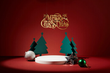White podium with empty space surrounded by some paper christmas trees, colorful baubles and a...