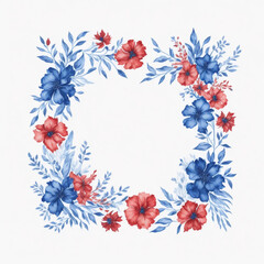 Fototapeta na wymiar Blue and Red watercolor floral frame, square shape floral frame.