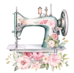 Watercolor illustration of a sewing machine. Generative AI, png image
