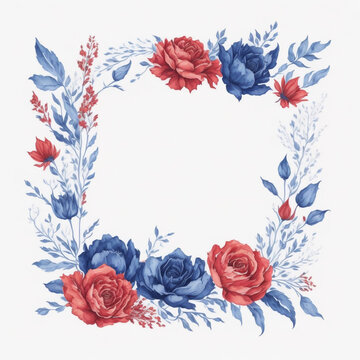 Blue and Red watercolor floral frame, square shape floral frame.