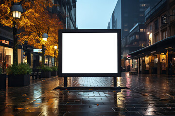 Large blank billboard on city street, mock up, Street advertising poster. Blank white billboard on city square with modern skyscrapers background.  3D rendering. AI generated         - obrazy, fototapety, plakaty