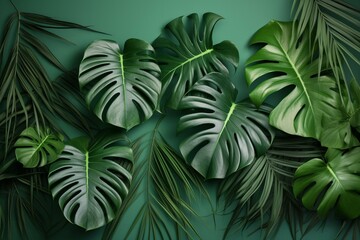 Fototapeta na wymiar Captivating flat lay of monstera jungle with lush leaves. Generative AI