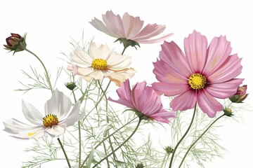 Obraz premium Illustration of cosmos flowers on a white background. Generative AI