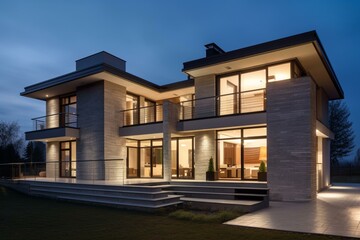 Fototapeta na wymiar Evening modern house exterior design. Generative AI