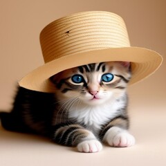 Kitten wearing a straw hat