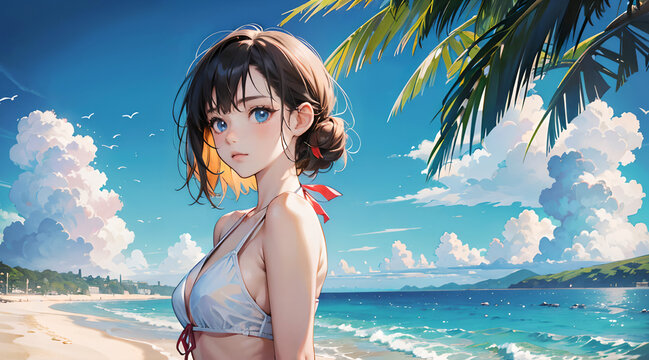 キレイなビーチにいる水着姿の女性