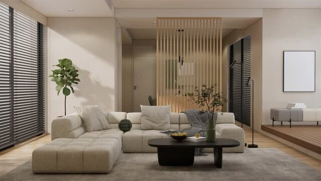 Contemporary interior design of the living room. Stylish interior of cozy living room. 3d visualization